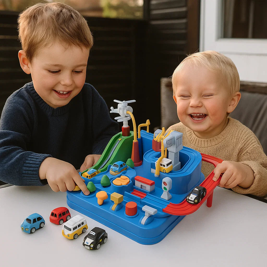 Seikkailuautorata lapsille | Vuorovaikutteinen peli silmä - käsi - koordinaatioon ja luovaan leikkiin tien päällä