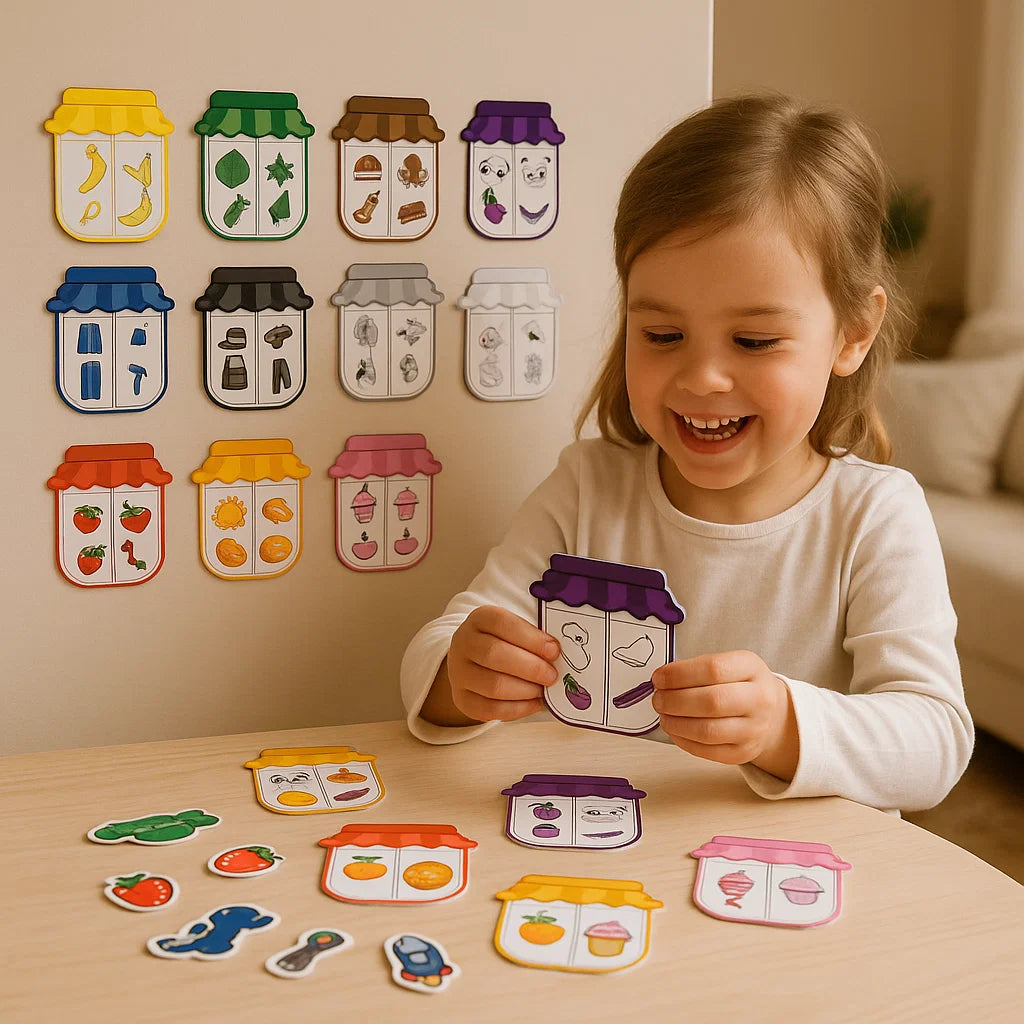 Magneettinen lajittelupeli lapsille | Hauska värien yhdistelypeli, jonka avulla opit esineitä, muotoja ja arkipäivän sanoja