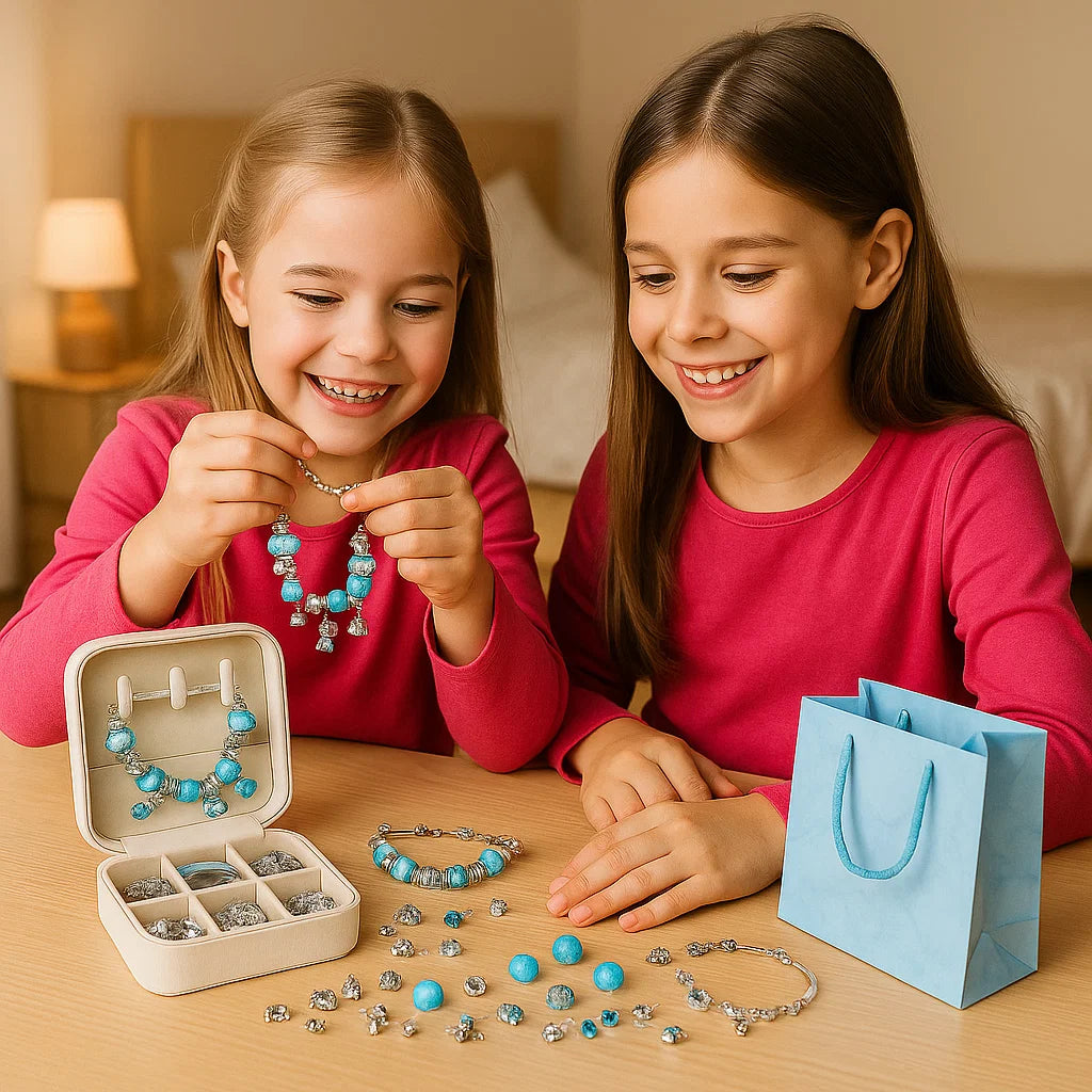 DIY - pakkaus charmirannekkeiden tekemiseen | Helmikorusetti riipuksella lahjapakkauksessa tytöille