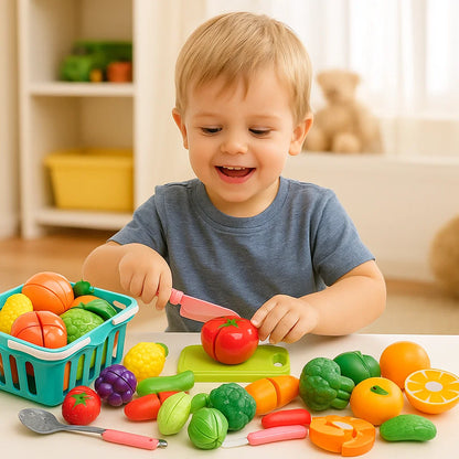 Puunleikkuusetti keittiöön | Oppimislelu lapsille, jossa on kori ja realistisia vihanneksia roolileikkejä varten