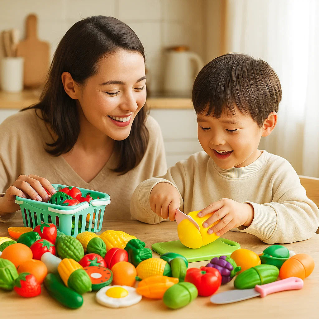 Puunleikkuusetti keittiöön | Oppimislelu lapsille, jossa on kori ja realistisia vihanneksia roolileikkejä varten