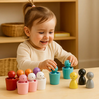 Värien yhteensovittaminen puuleluja lapsille | Lajittelupeli, jossa on pinssinukkeja ja kuppeja hienomotoriikkaa ja visuaalista oppimista varten