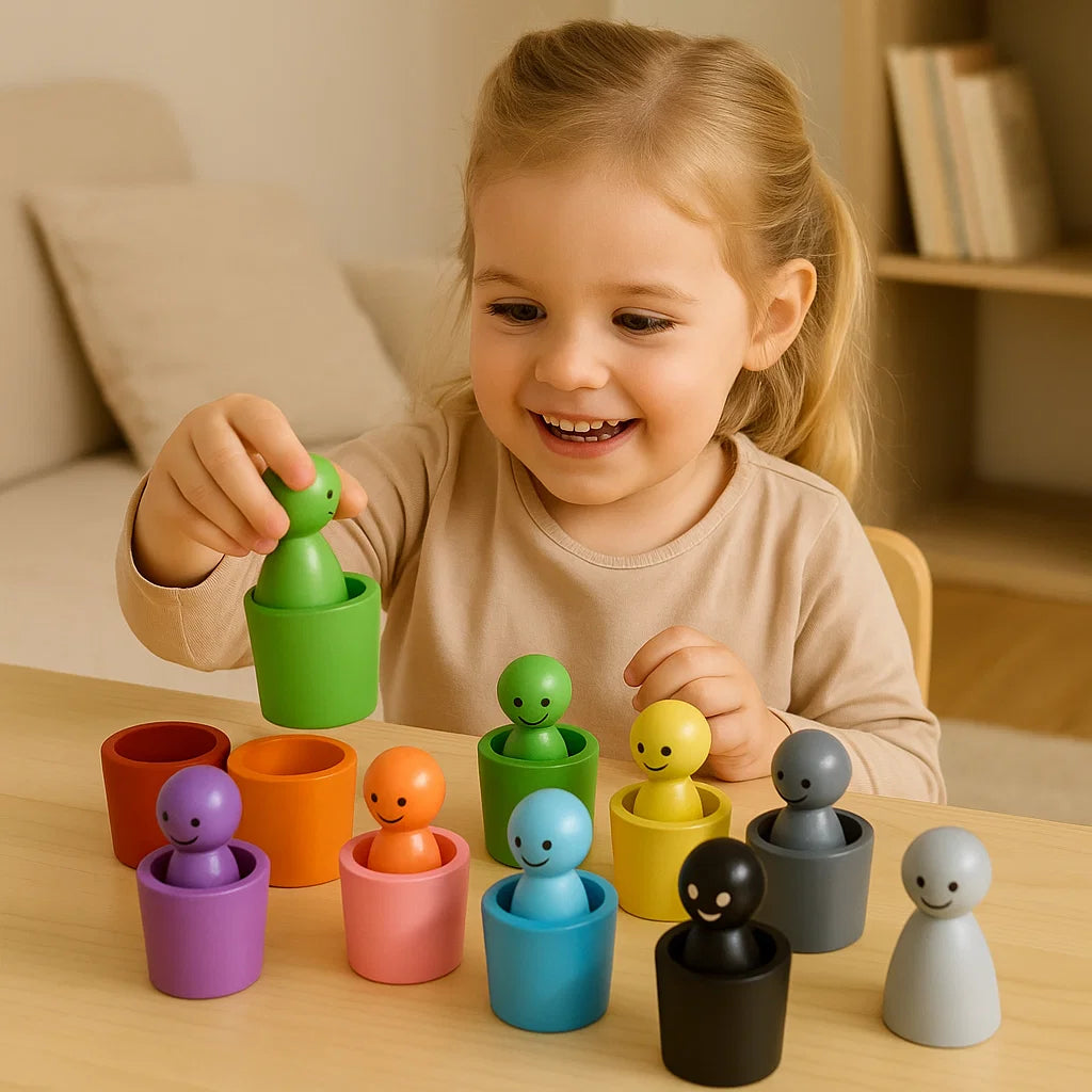 Värien yhteensovittaminen puuleluja lapsille | Lajittelupeli, jossa on pinssinukkeja ja kuppeja hienomotoriikkaa ja visuaalista oppimista varten