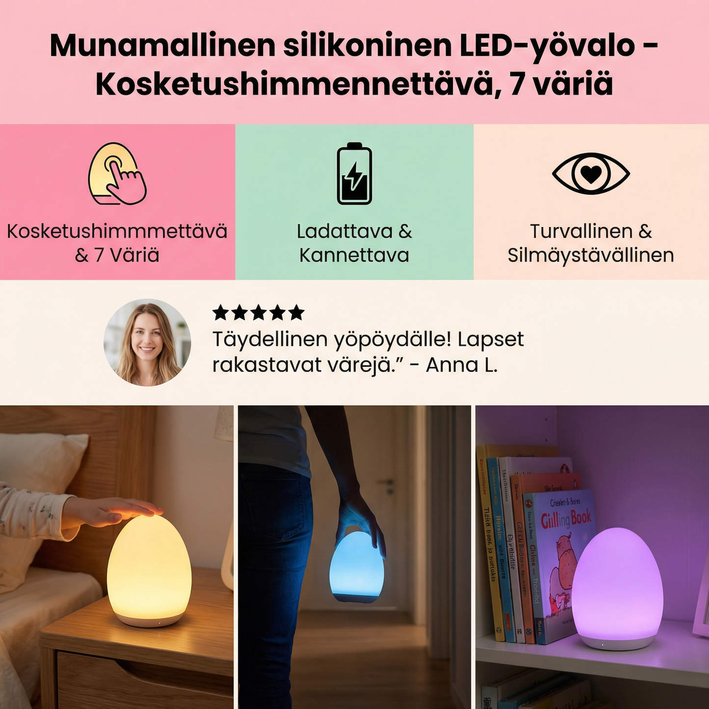 Munamallinen silikoninen LED-yövalo – kosketushimmennettävä, 7 väriä
