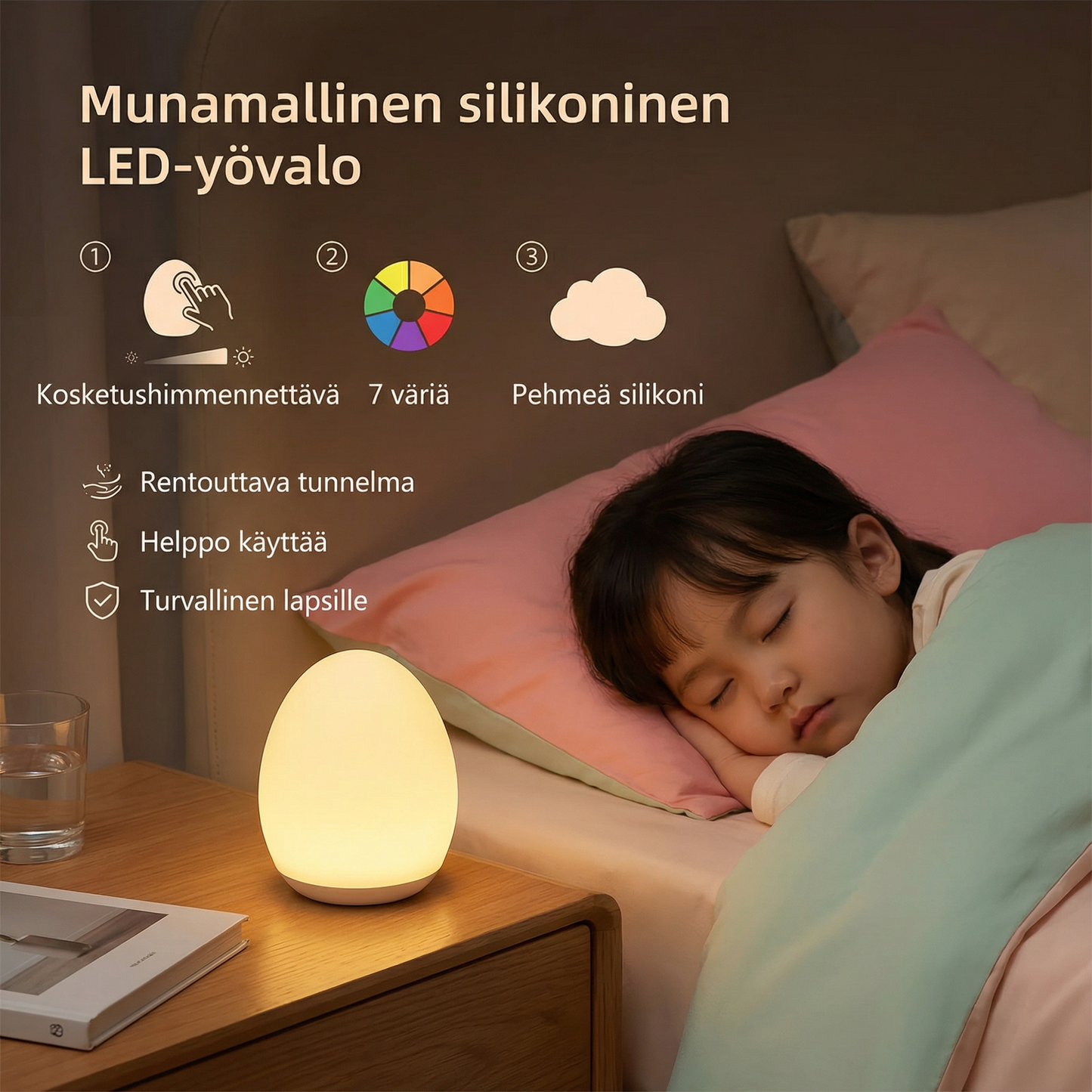 Munamallinen silikoninen LED-yövalo – kosketushimmennettävä, 7 väriä