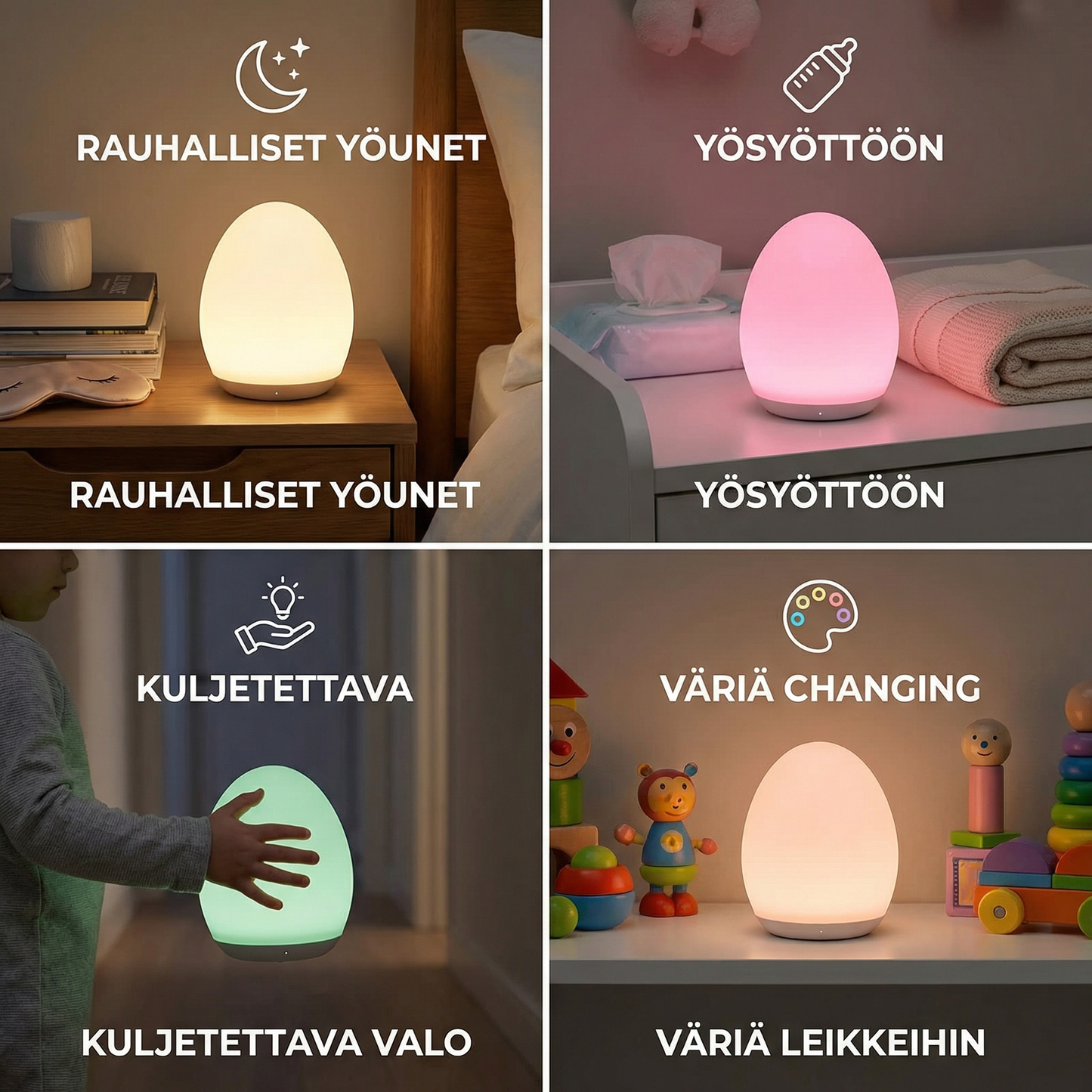 Munamallinen silikoninen LED-yövalo – kosketushimmennettävä, 7 väriä